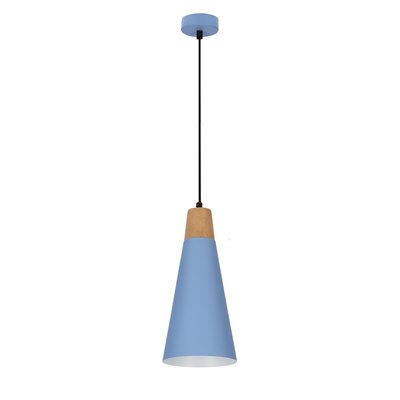 Lampa wisząca Faro niebieska metalowa z drewnem pojedyncza do kuchni E27