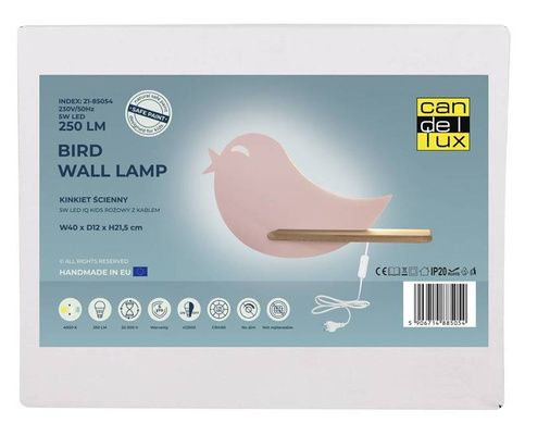 Kinkiet Bird drewniany LED półka różowy ptaszek do pokoju dziecięcego