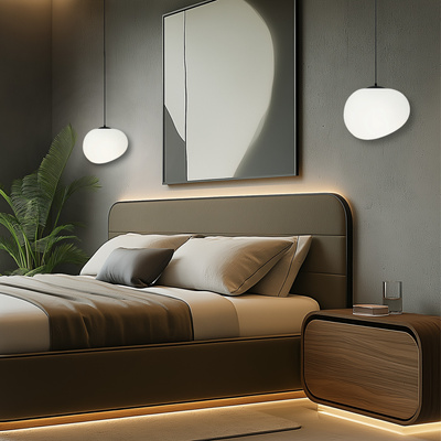 Lampa wisząca STONES 25 cm w stylu Japandi - z białym akrylowym kloszem inspirowanym kamieniem - minimalistyczne oświetlenie sufitowe do salonu E27