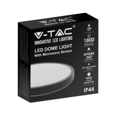 18W Plafon LED z mikrofalowym czujnikiem ruchu / Średnica: 225mm / Barwa:4000K / Klosz: Okrągły mleczny czarna ramka / IP44
