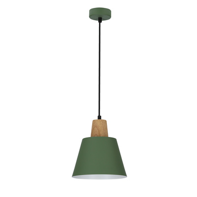 Lampa wisząca Faro zielona metalowa z drewnem do salonu pojedyncza E27