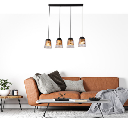 Lampa wisząca Fresno szklana czarno‑złota 4‑płomienna na belce do jadalni