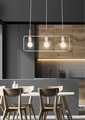 Lampa wisząca Frame biała potrójna drewniana do salonu nad stół E27